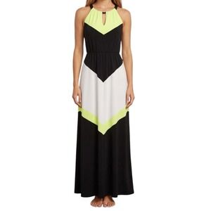 VINCE CAMUTO Halter Maxi Dress Chevron Colorblock Black Yellow SEE Measurements
